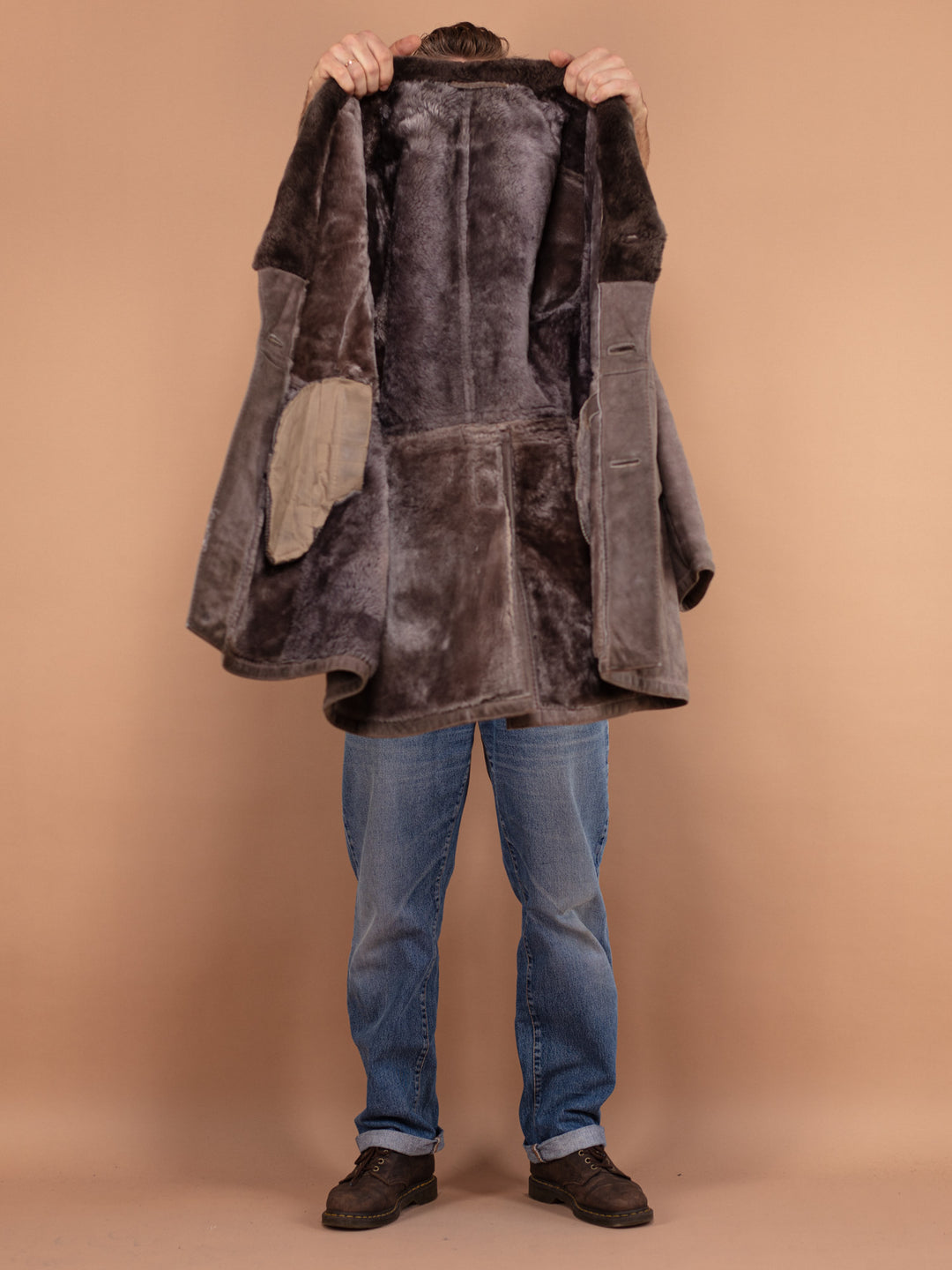 Vintage 70's Men Sheepskin Coat in Greige Brown - NorthernGrip