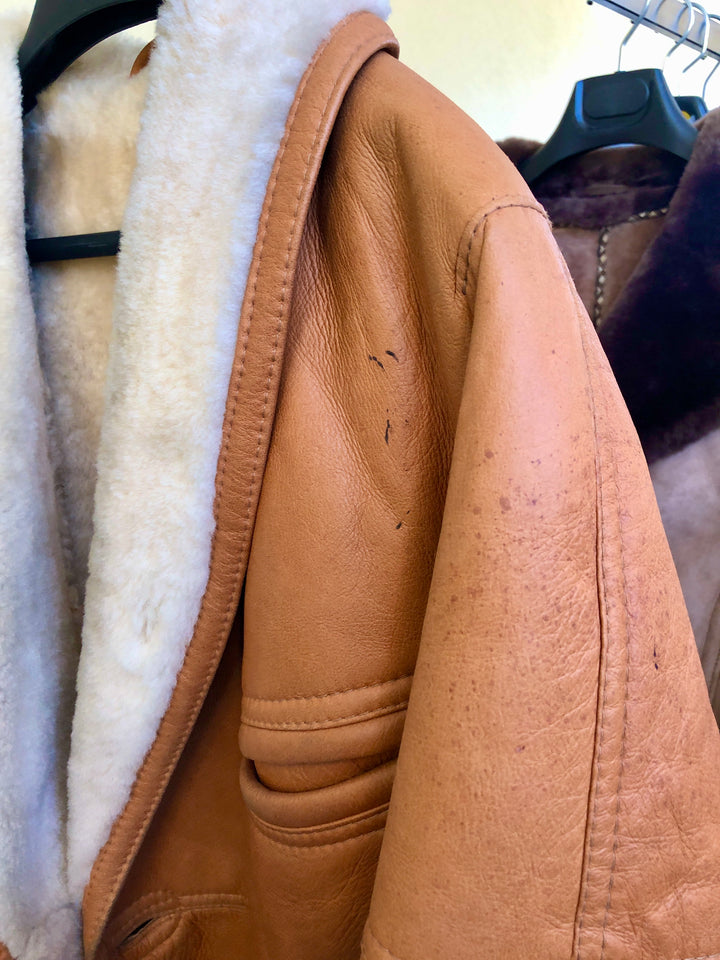 Vintage 80's Men Sheepskin Leather Coat in Brown - NorthernGrip