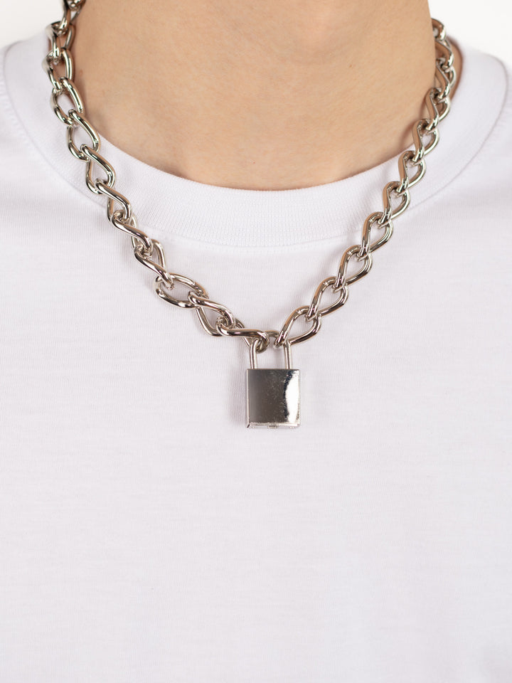 Unisex Thick Silver Tone Padlock Chain Necklace