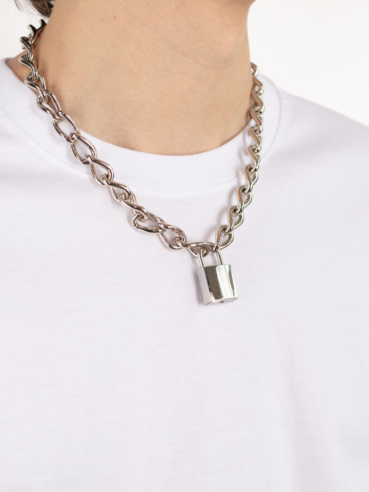 Unisex Thick Silver Tone Padlock Chain Necklace