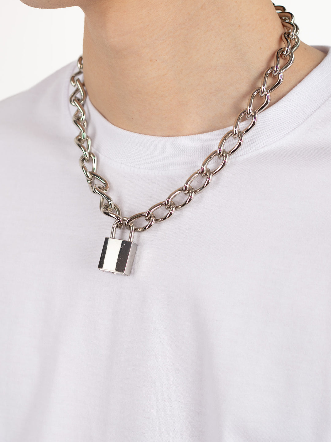 Unisex Thick Silver Tone Padlock Chain Necklace