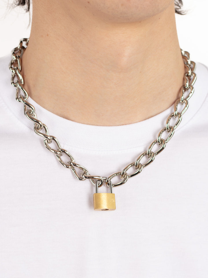 Unisex Thick Gold Tone Padlock Chain Necklace
