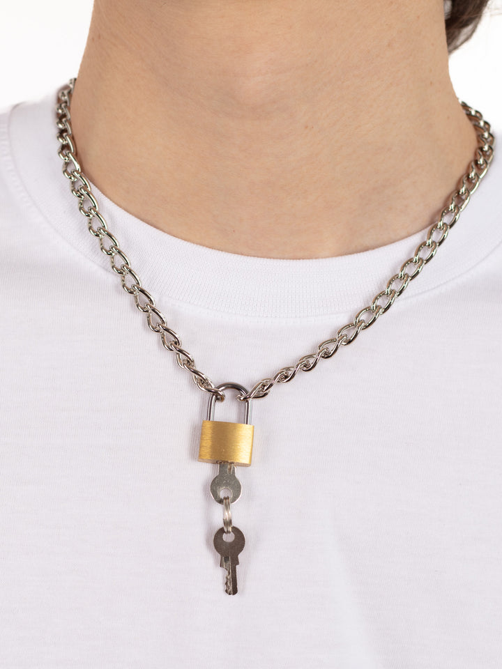 Unisex Silver or Gold Tone Padlock Steel Chain Necklace