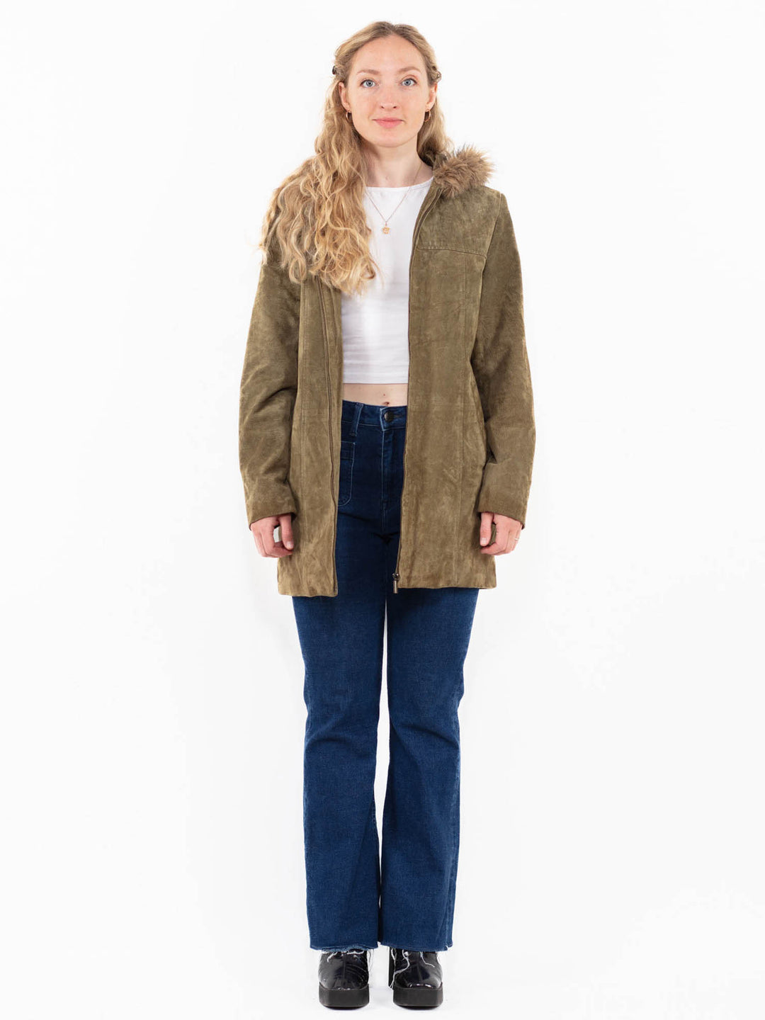 Vintage 90's Women Suede Sherpa Coat in Green