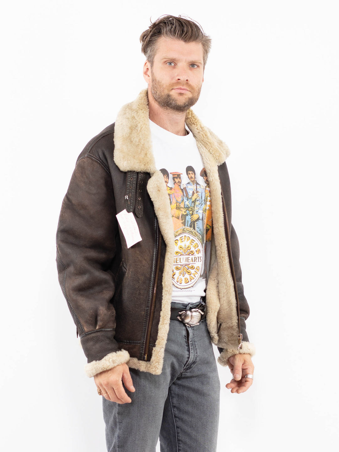 Vintage 80's Men B-3 Sheepskin Aviator Jacket in Brown Contract 920315