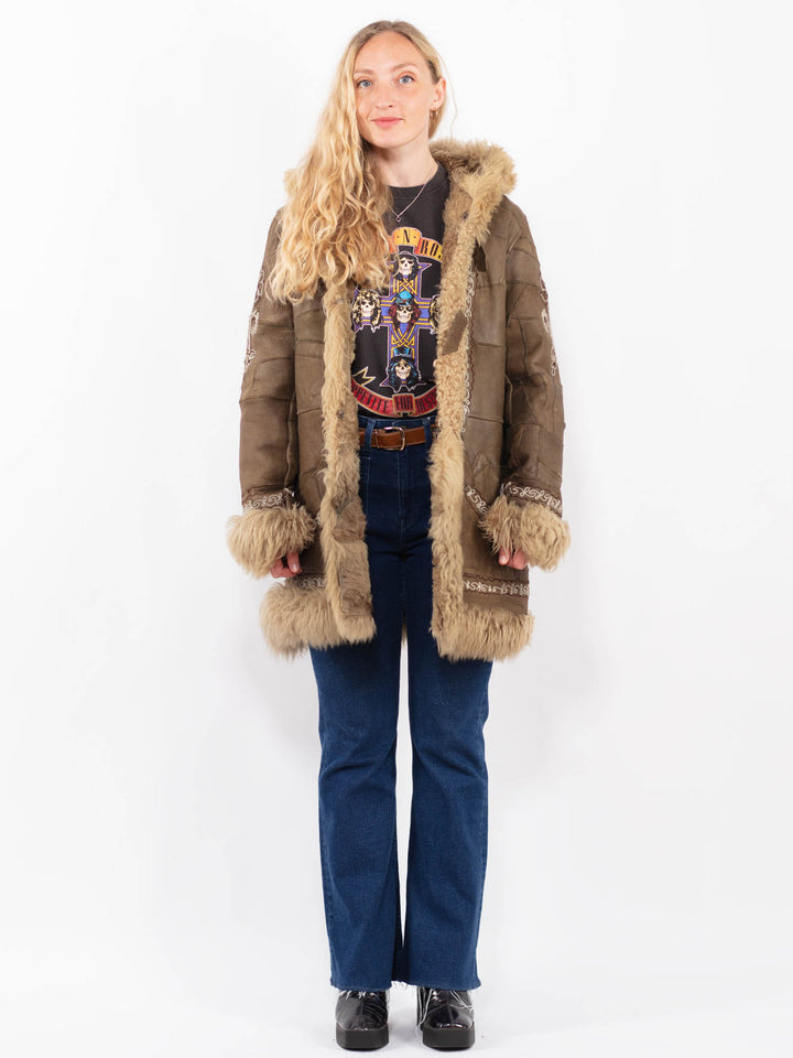 Vintage 70's Leather Sheepskin Shearling Coat Hooded Brown Leather