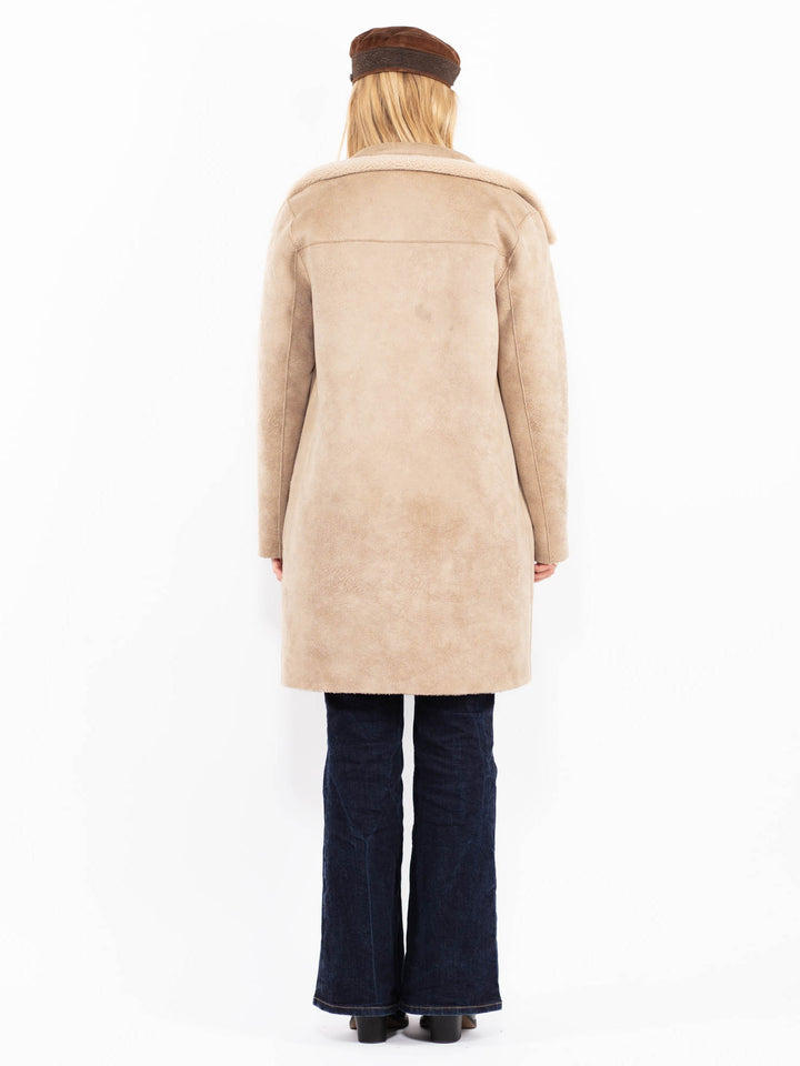 Vintage 90's Women Reversible Faux Sheepskin Coat in Beige