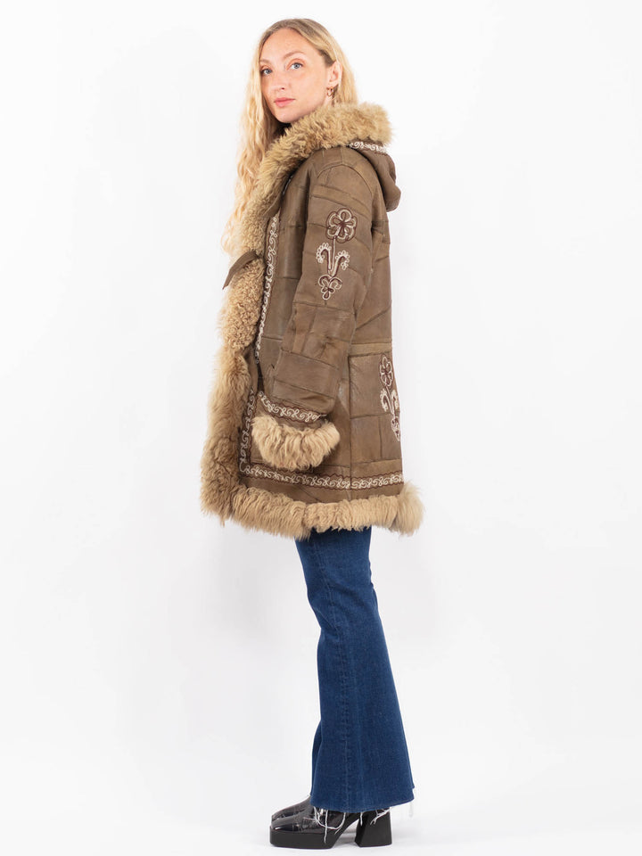 Vintage 70's Leather Sheepskin Shearling Coat Hooded Brown Leather