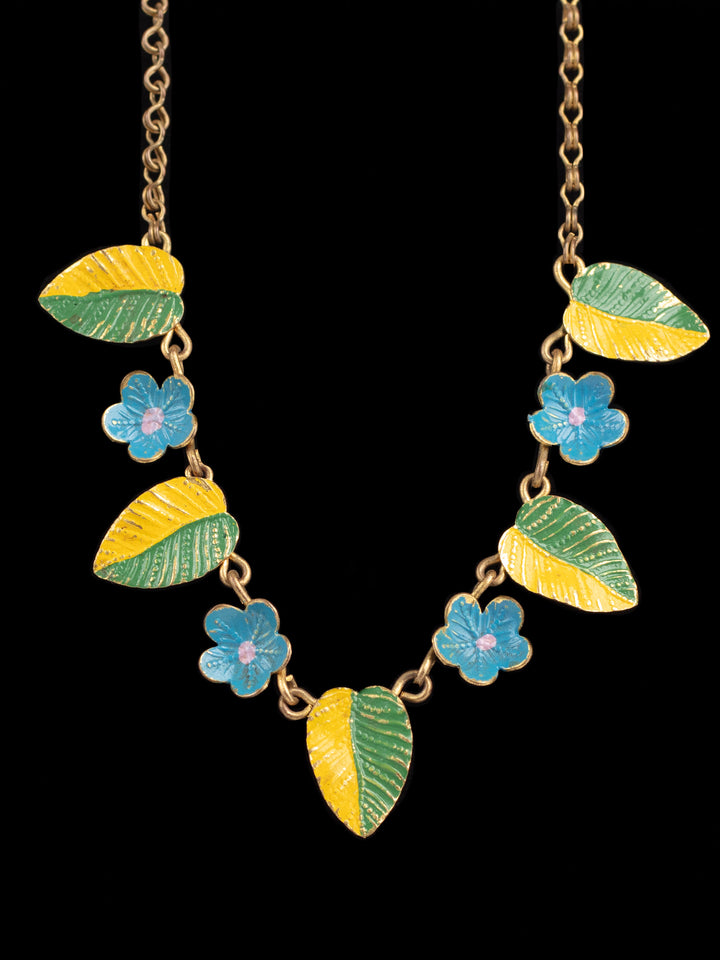 Vintage 50s Floral Leaf Necklace with Yellow-Green Enamel and Blue Flowers