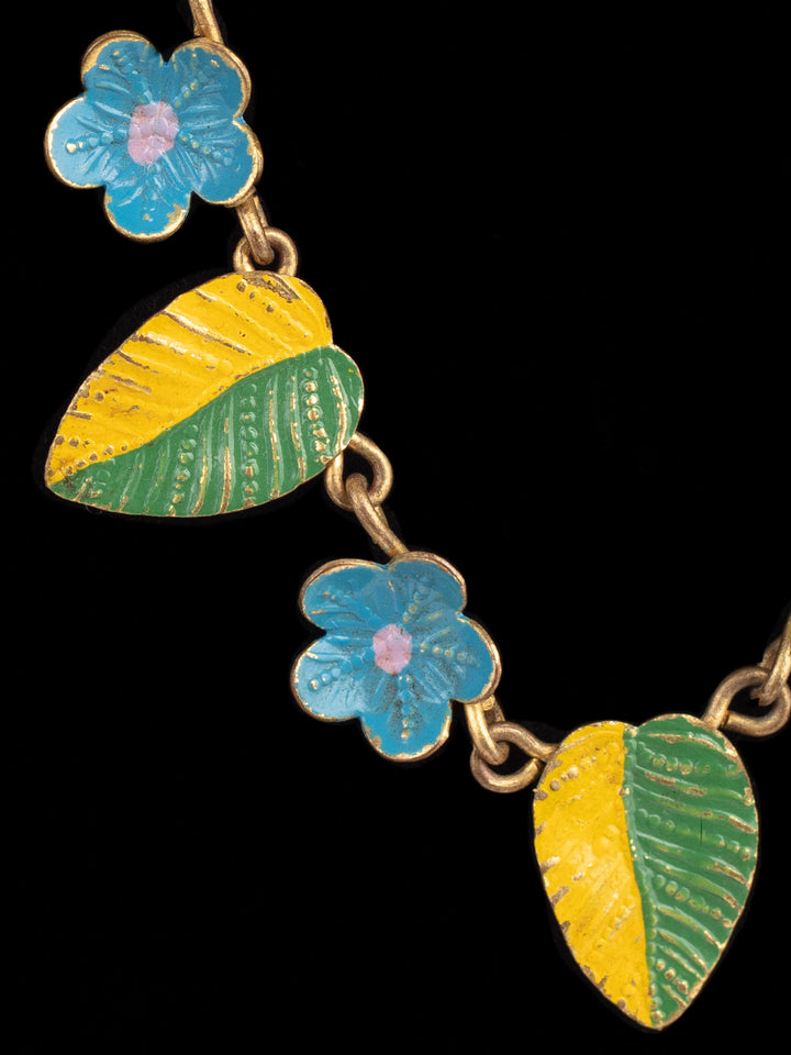 Vintage 50s Floral Leaf Necklace with Yellow-Green Enamel and Blue Flowers