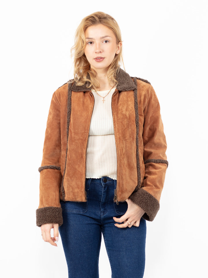 Vintage 90. gadu Penny Lane zamšādas šerpu jaka brūnā krāsā