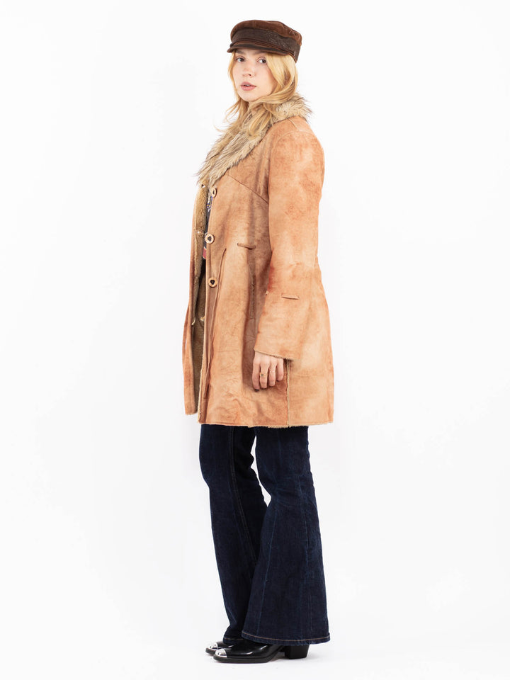 Vintage 00's Penny Lane Faux Sheepskin Coat in Brown