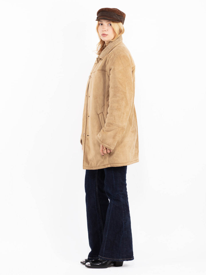 Vintage 90's Women Faux Sheepskin Coat in Beige
