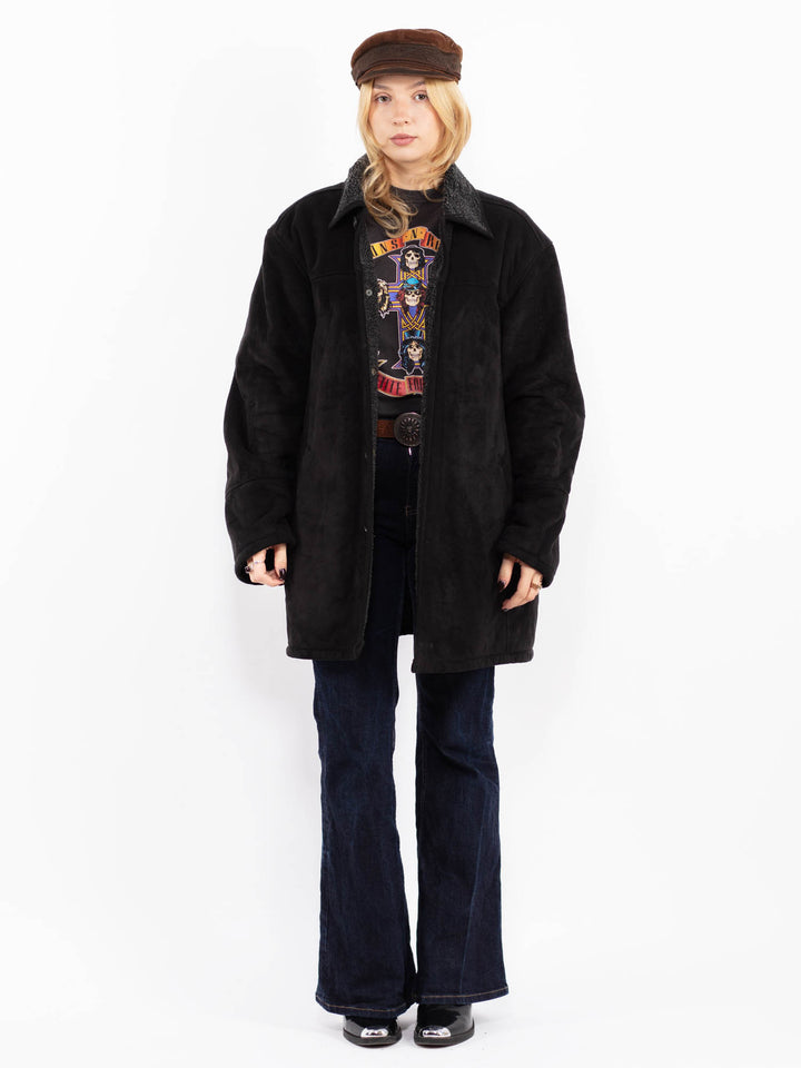 Vintage 90's Women Faux Sheepskin Coat in Black