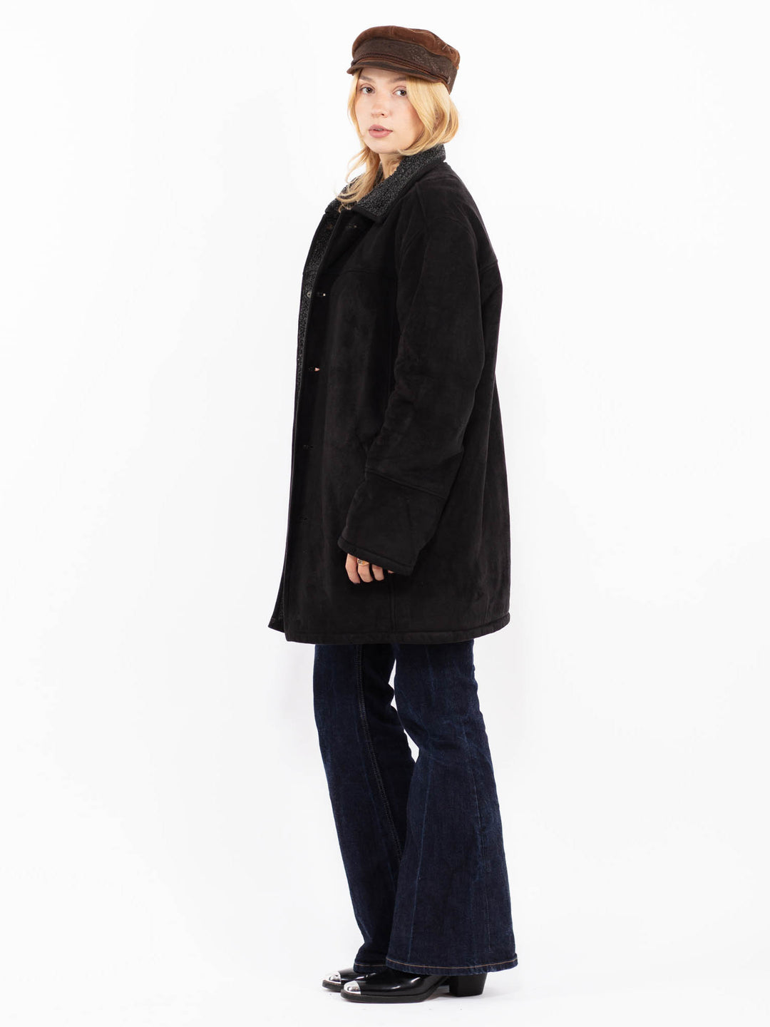 Vintage 90's Women Faux Sheepskin Coat in Black