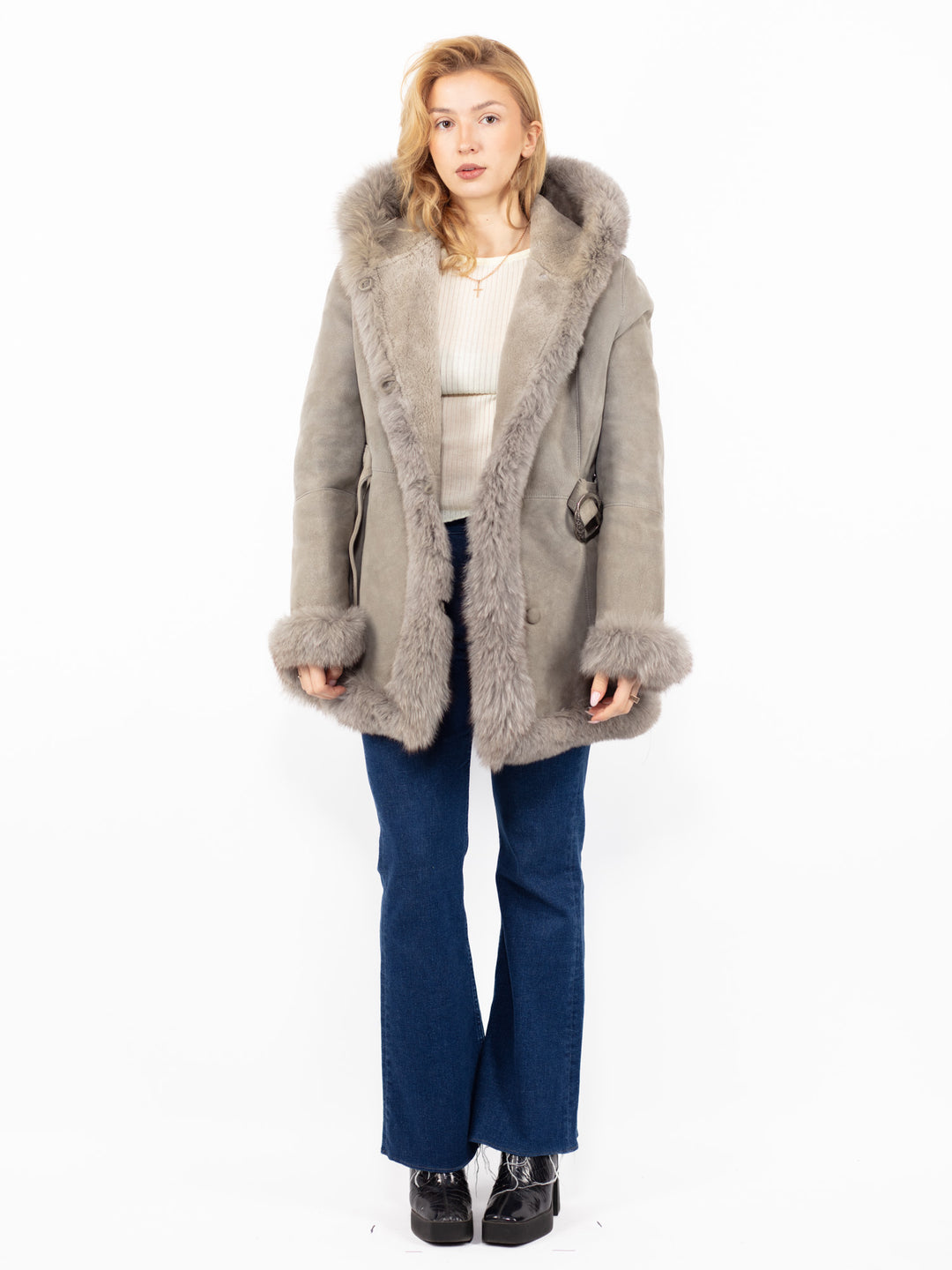Vintage 90's Hooded Penny Lane Sheepskin Coat in Gray