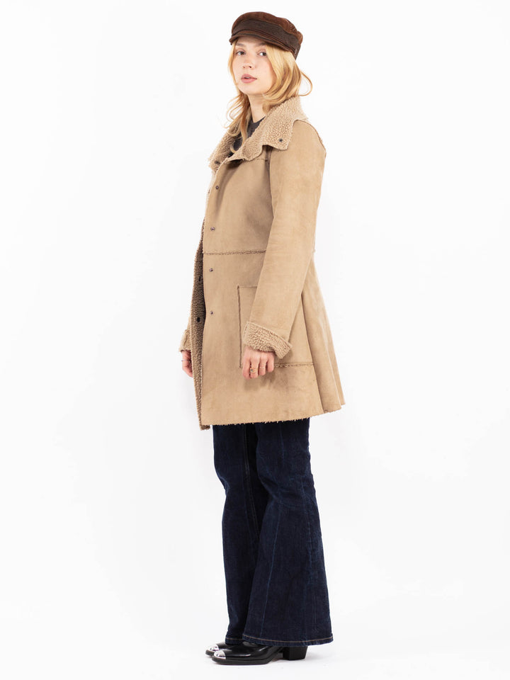 Vintage 00's Women Faux Sheepskin Coat in Beige