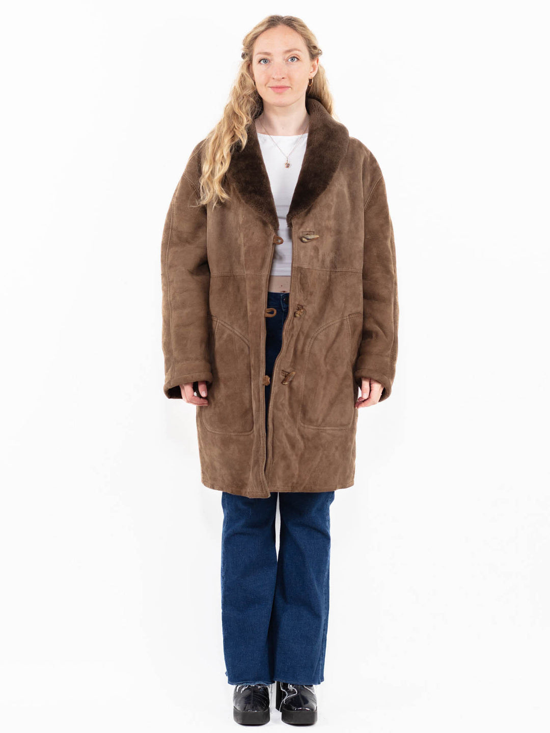 Vintage 70. gadu sieviešu lielizmēra aitādas mētelis bēšā krāsā