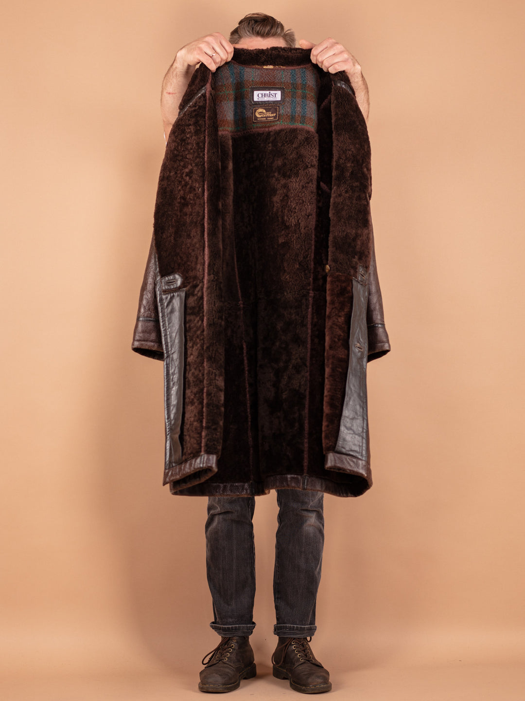 Vintage 80's Men Sheepskin Coat in Brown - NorthernGrip