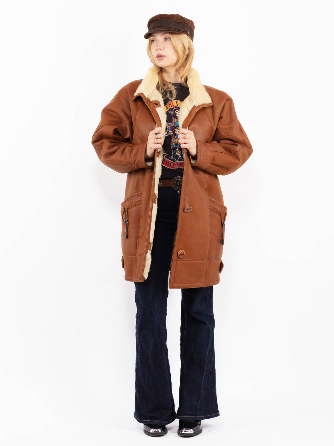 Vintage 80's Women Oversized Sheepskin Coat in Brown