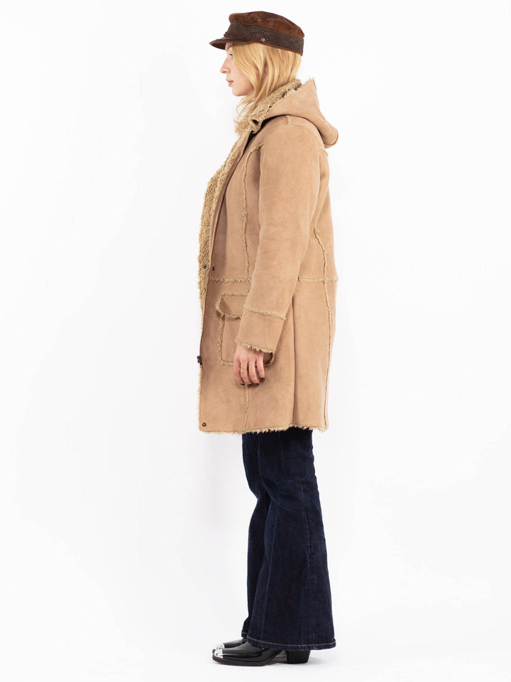 Vintage 90's Women Faux Sheepskin Coat in Beige