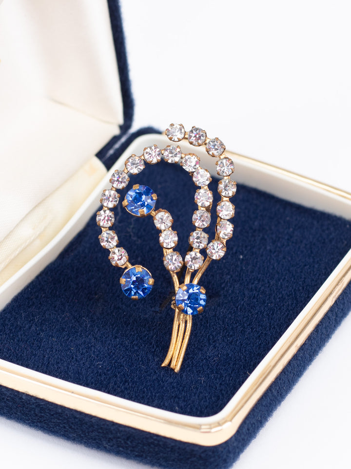 Vintage 50s Sparkling Floral Brooch with Blue and Clear Rhinestones