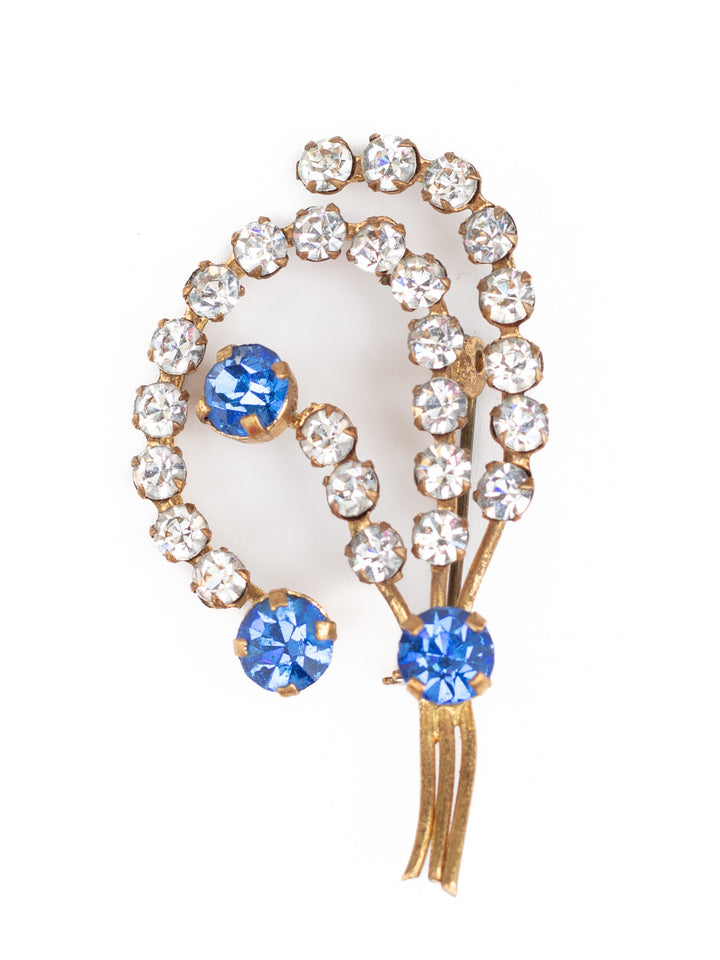 Vintage 50s Sparkling Floral Brooch with Blue and Clear Rhinestones