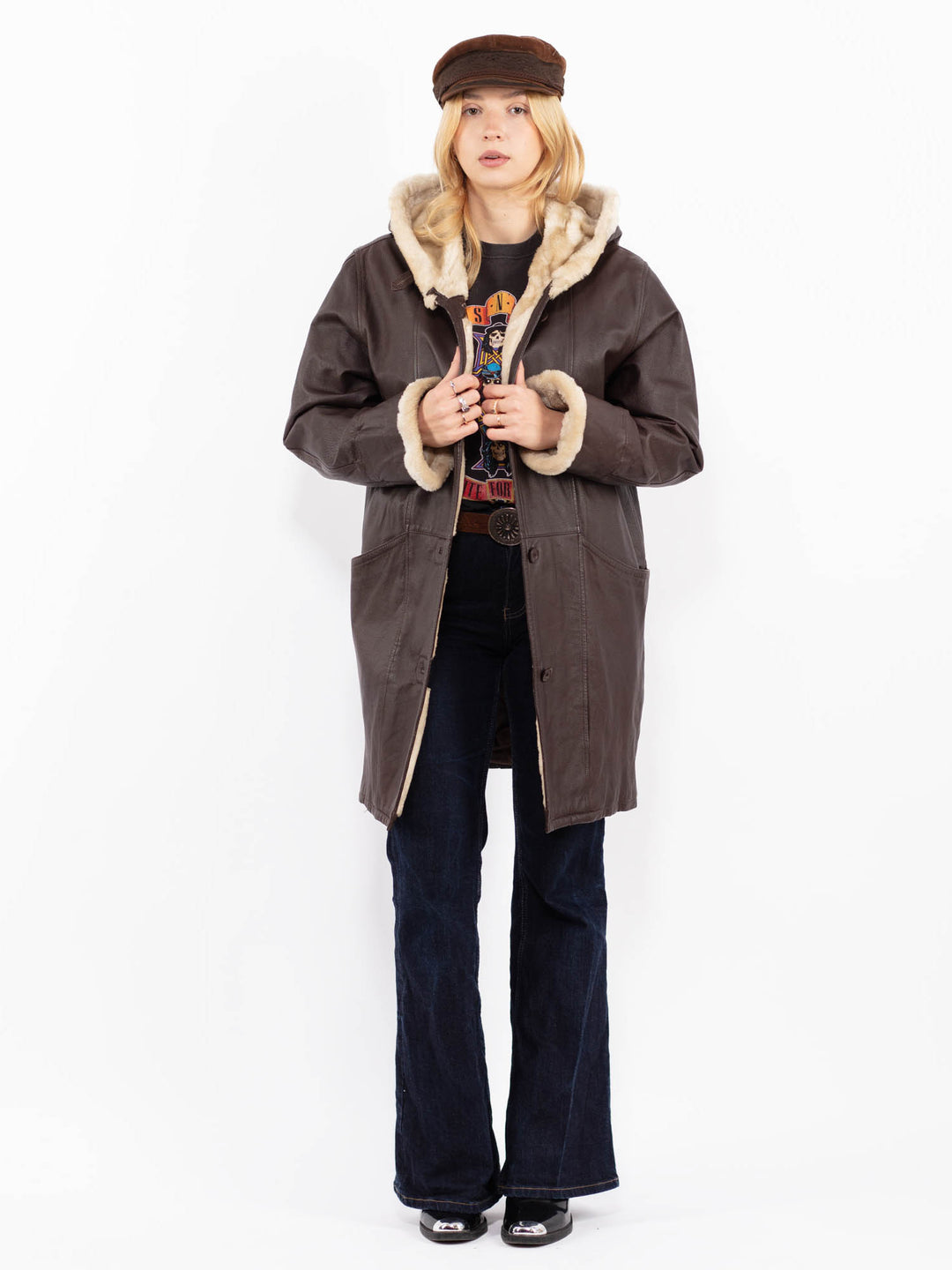 Vintage 90's Women Hooded Leather Sherpa Coat in Brown