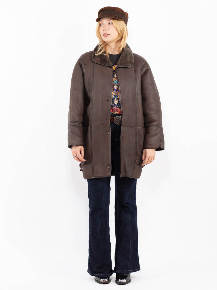 Vintage 80's Women Sheepskin Shearling Coat in Brown