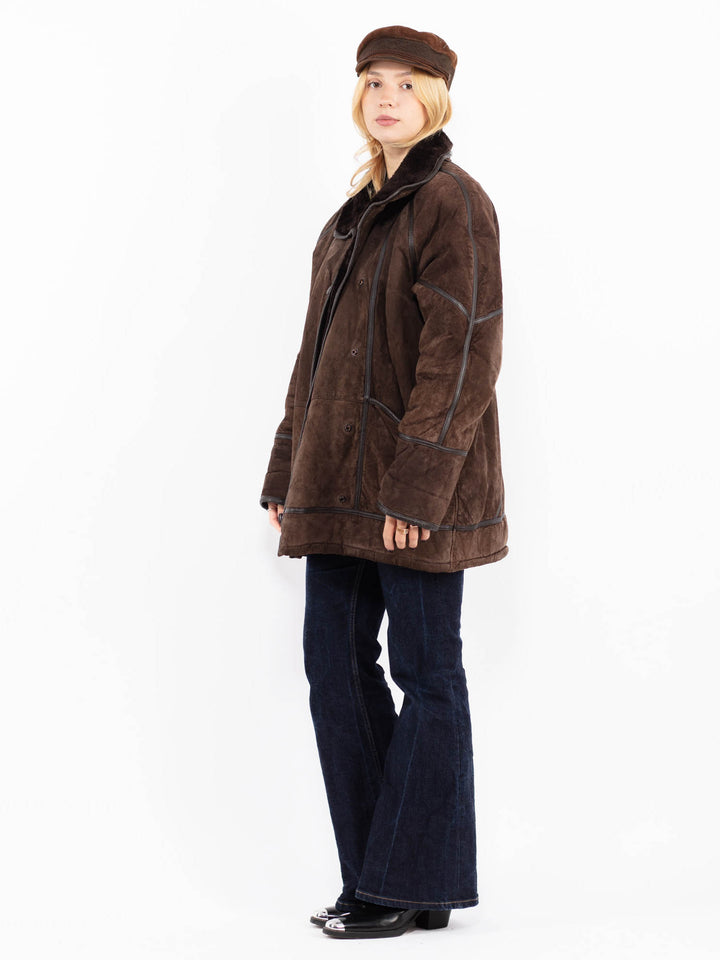 Vintage 90's Women Suede Sherpa Coat in Brown