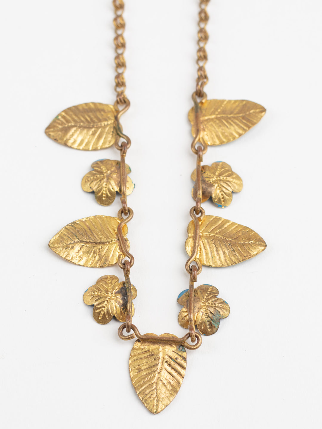 Vintage 50s Floral Leaf Necklace with Yellow-Green Enamel and Blue Flowers