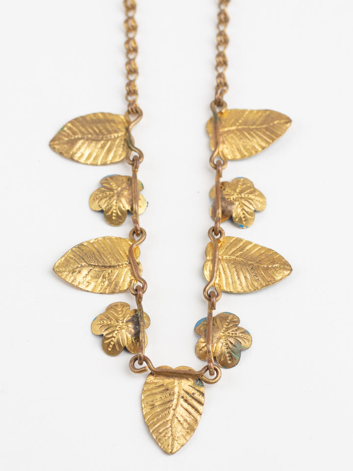 Vintage 50s Floral Leaf Necklace with Yellow-Green Enamel and Blue Flowers