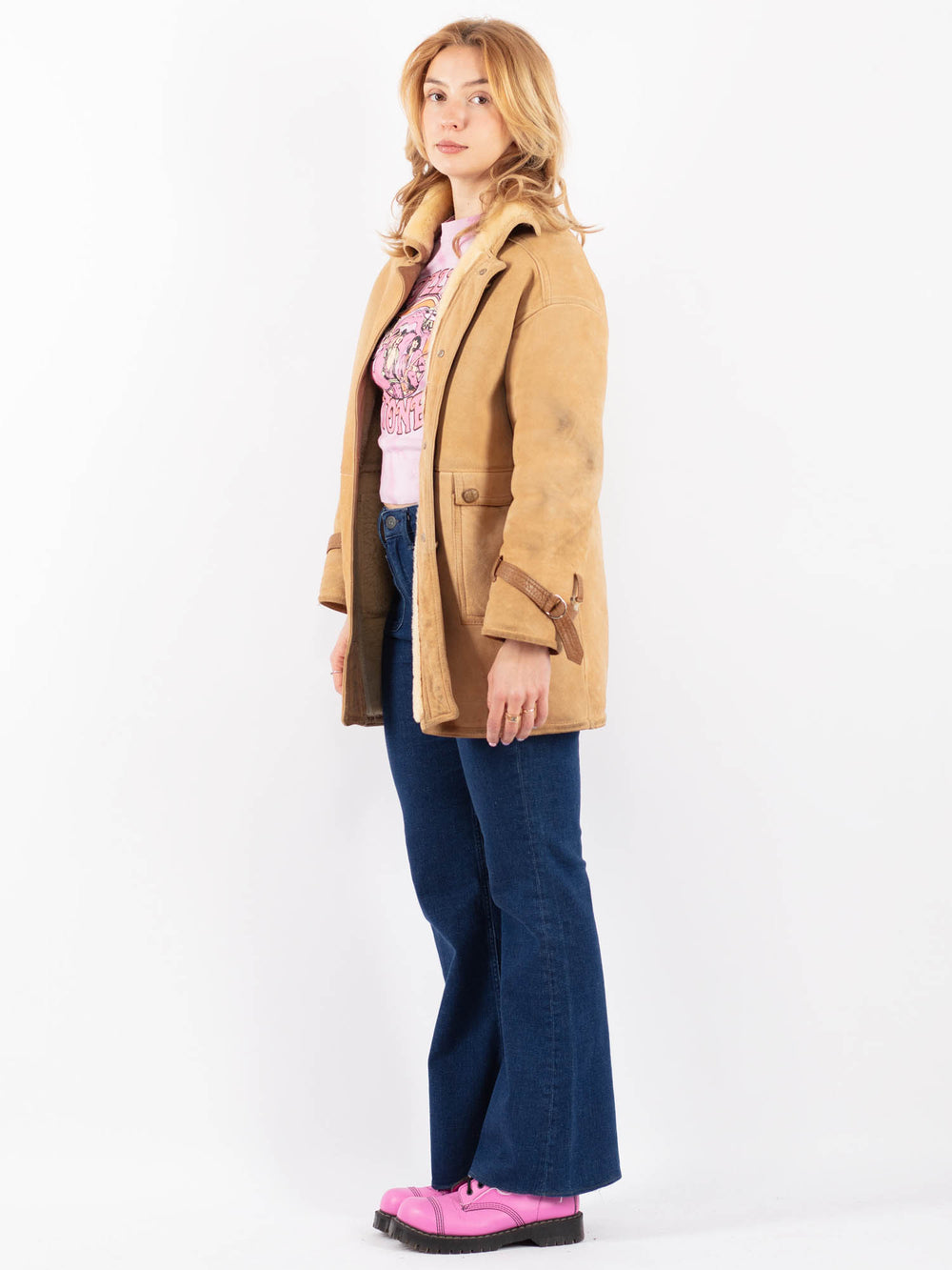 Vintage 70's Women Sheepskin Shearling Coat in Beige