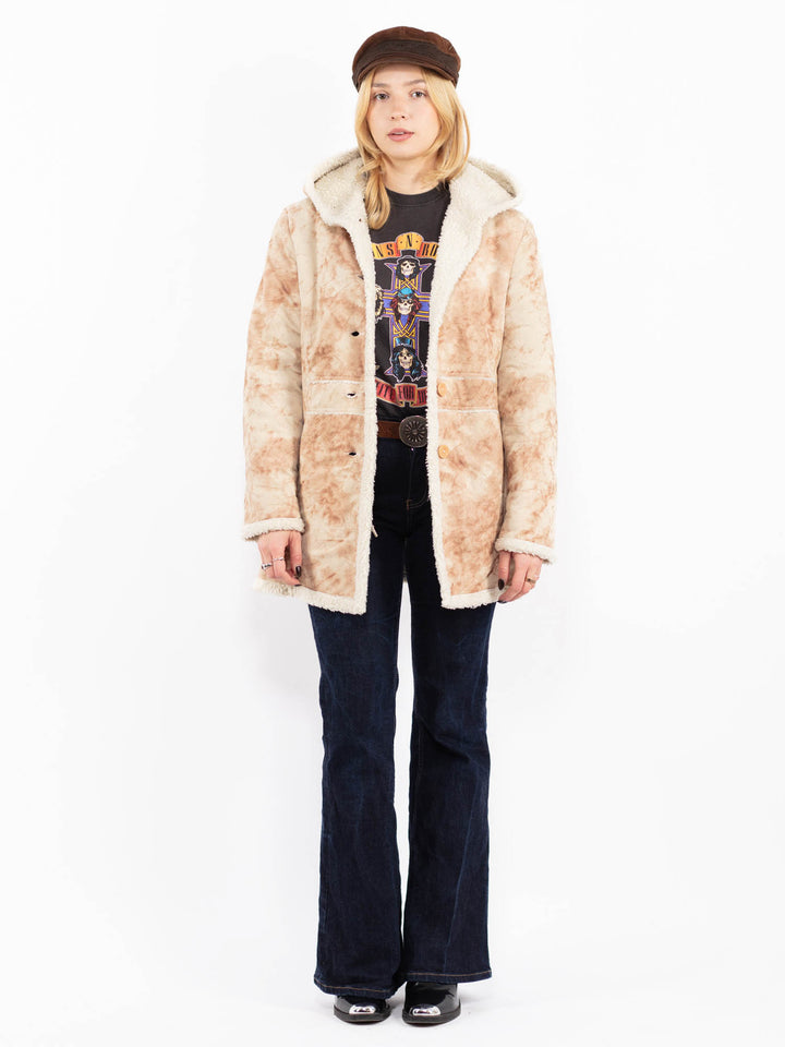 Vintage 00's Women Hooded Sherpa Coat in Beige