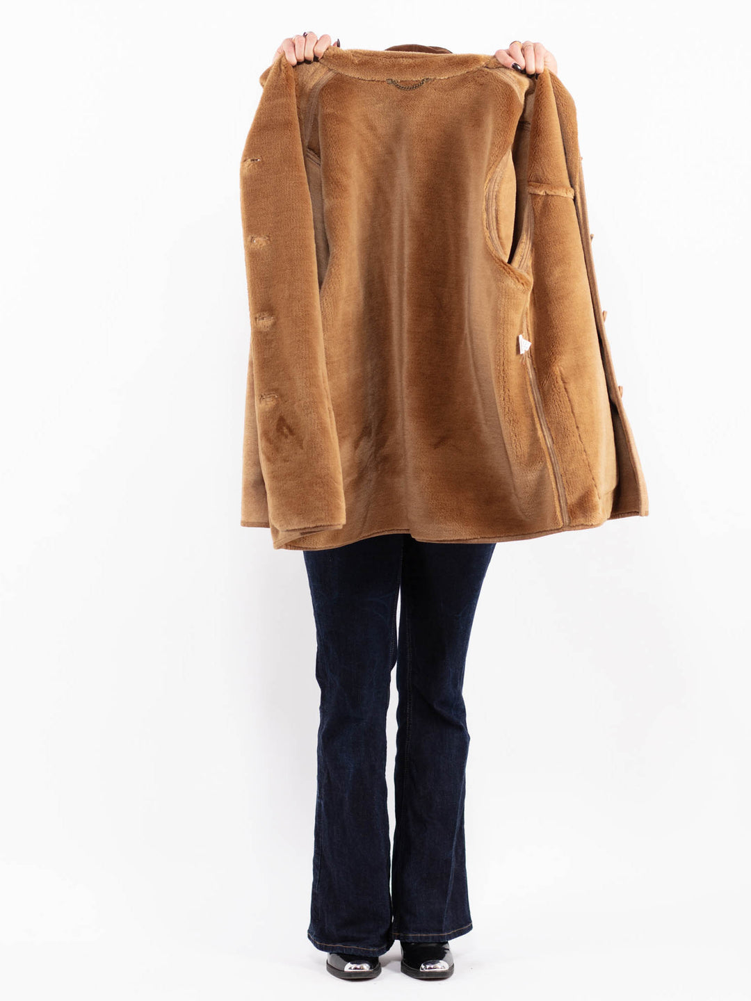 Vintage 00's Women Oversized Faux Sheepskin Coat in Beige
