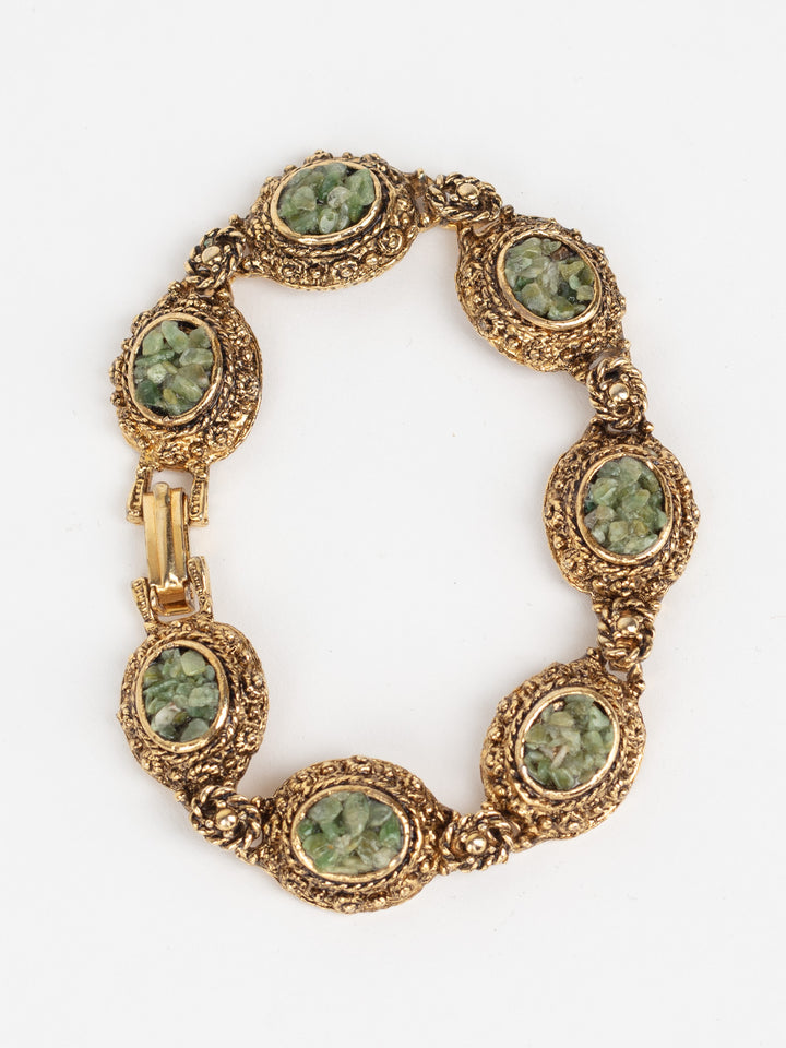Vintage 80s Link Bracelet with Green Stone Chips and Ornate Panels