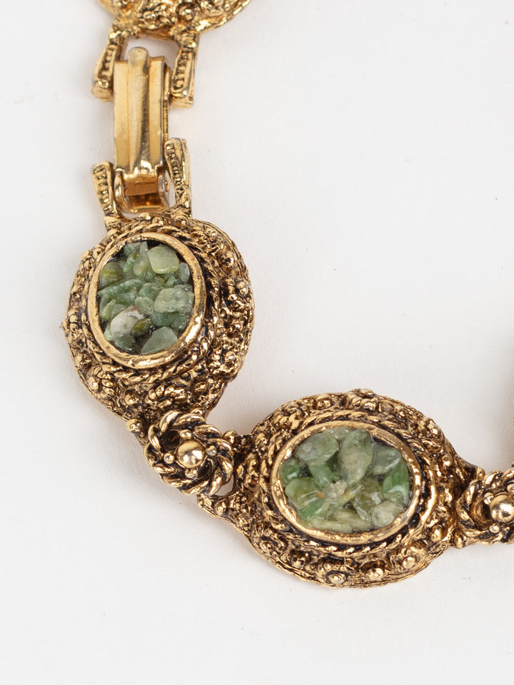 Vintage 80s Link Bracelet with Green Stone Chips and Ornate Panels
