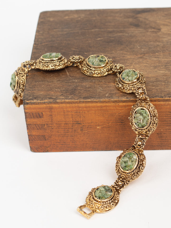 Vintage 80s Link Bracelet with Green Stone Chips and Ornate Panels
