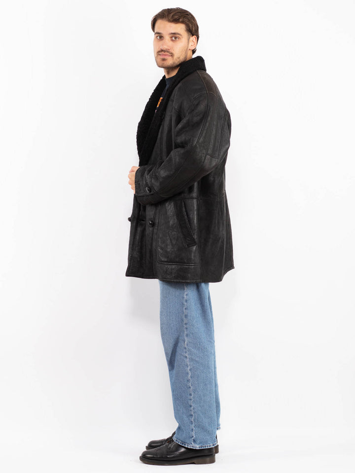 Vintage 80's Men Oversized Sheepskin Coat in Black