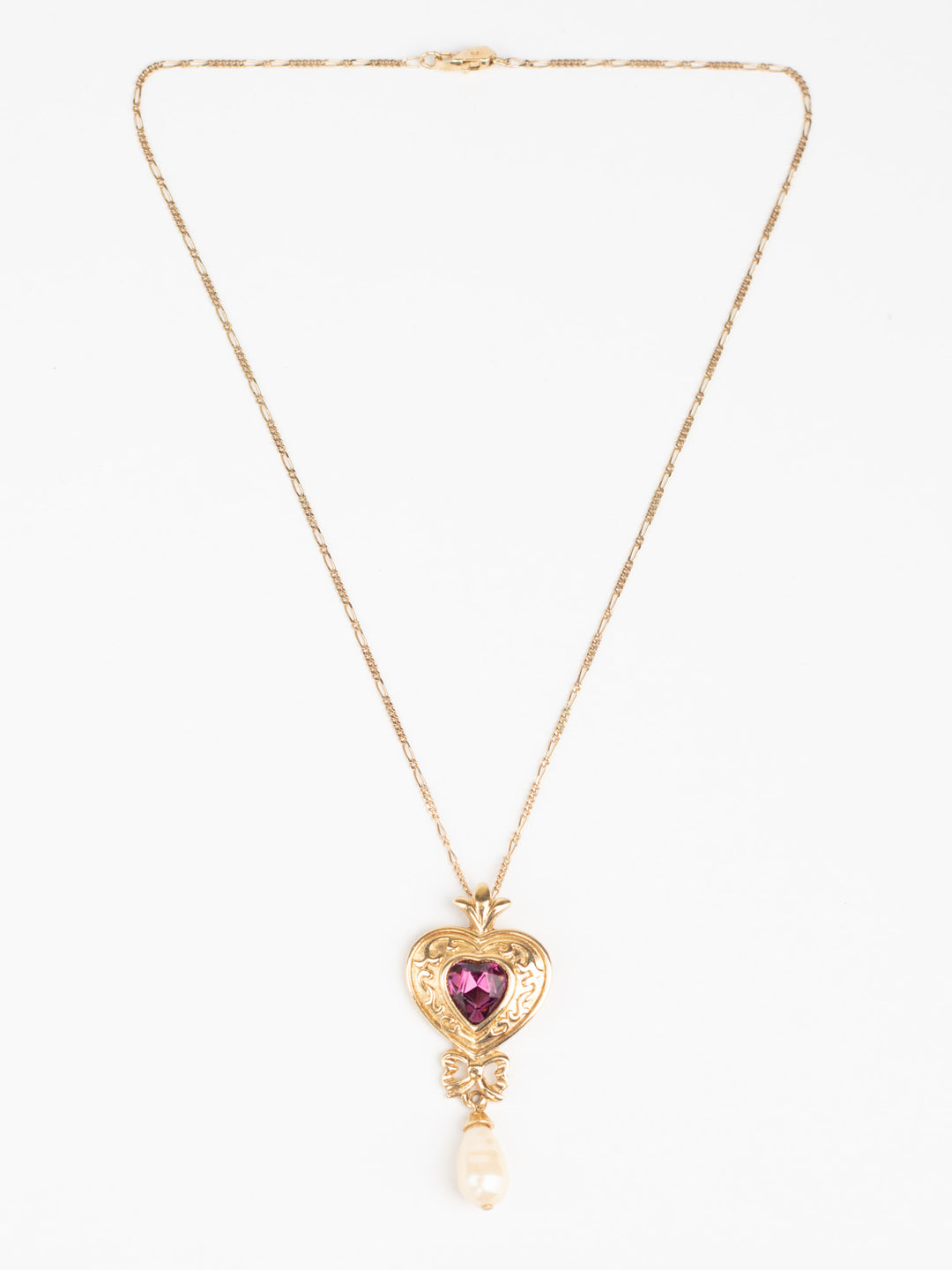 Vintage 80s Heart Pendant Necklace with Purple Glass Stone and Faux Pearl Drop