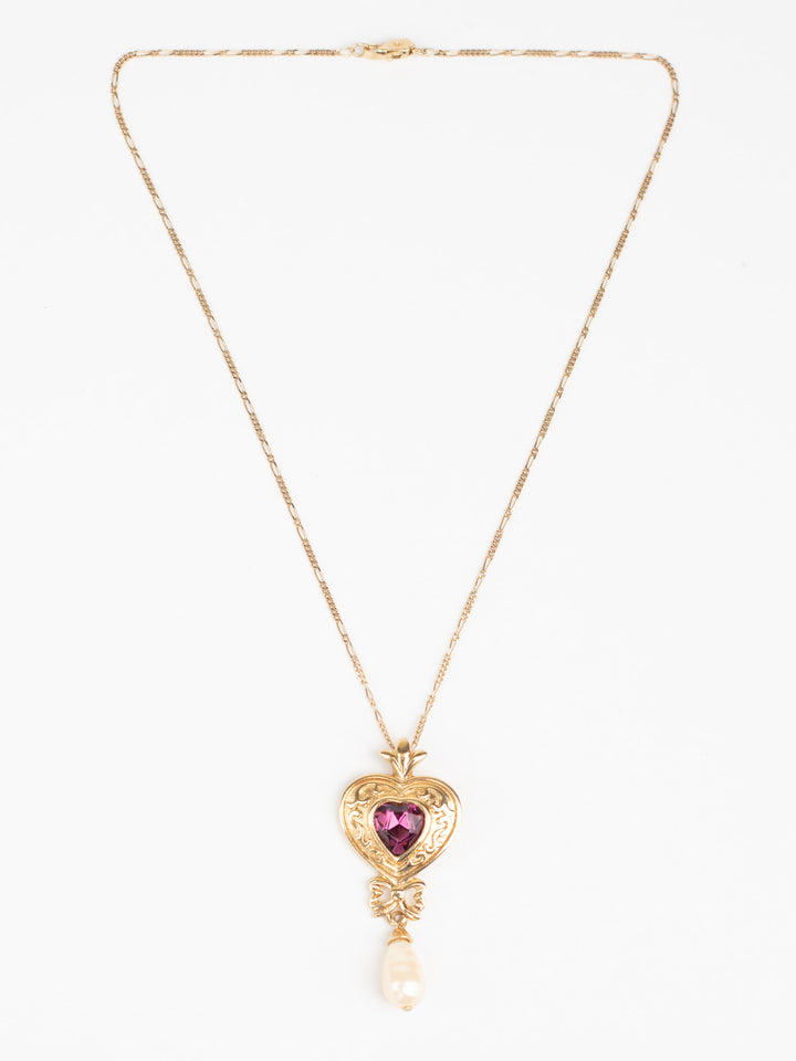 Vintage 80s Heart Pendant Necklace with Purple Glass Stone and Faux Pearl Drop