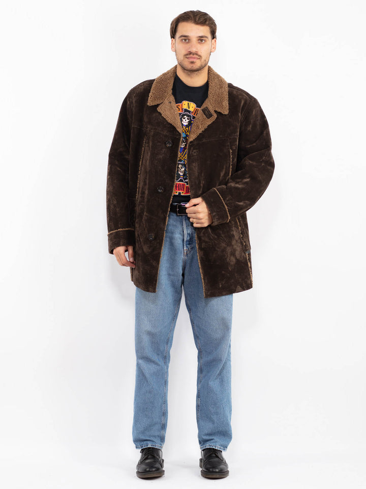 Vintage 90's Men Faux Sheepskin Coat in Brown