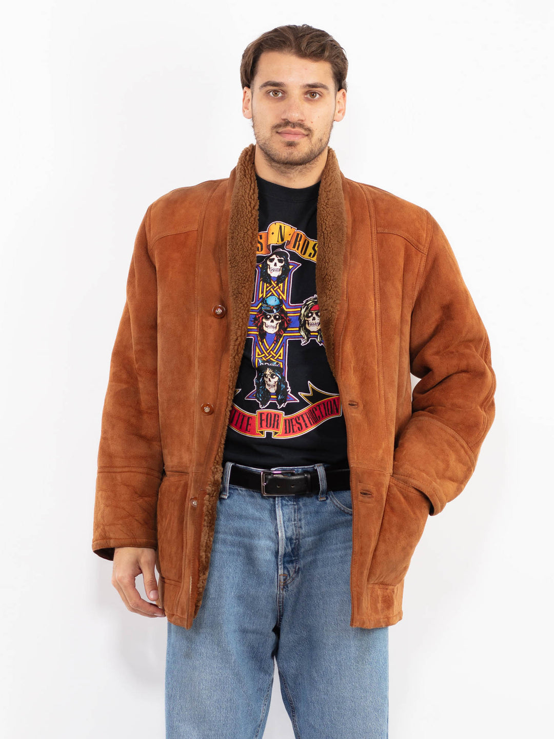 Vintage 80's Men Shearling Coat in Brown
