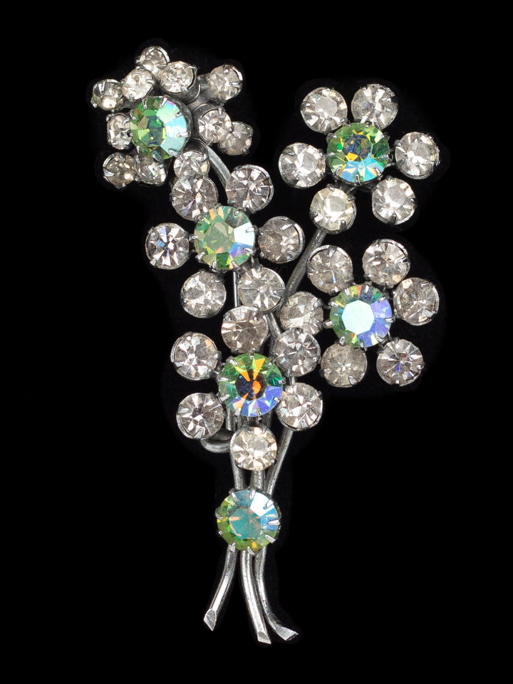 Vintage 50s Silver-Tone Brooch with Rhinestones and Aurora Borealis Sparkle