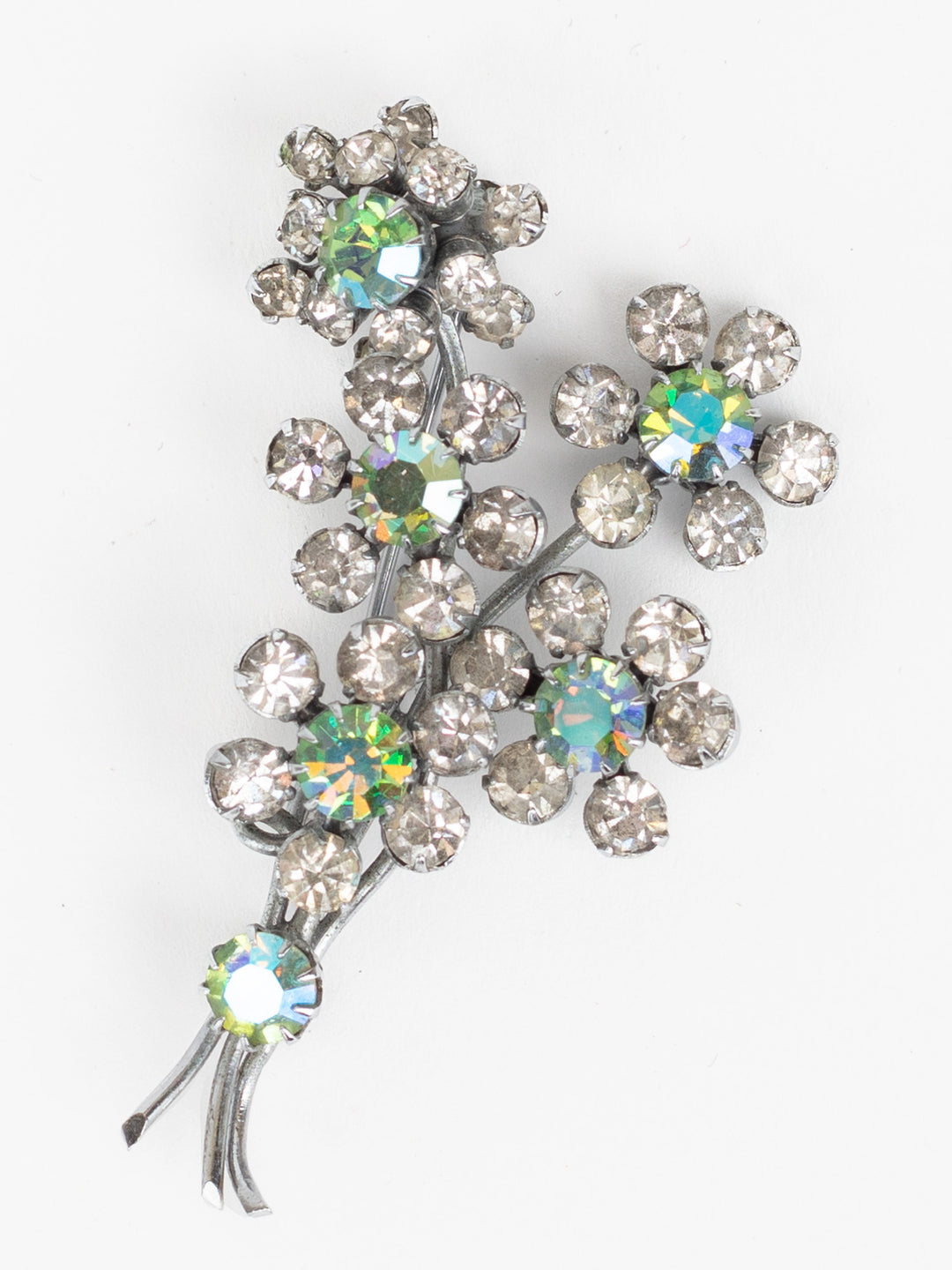 Vintage 50s Silver-Tone Brooch with Rhinestones and Aurora Borealis Sparkle