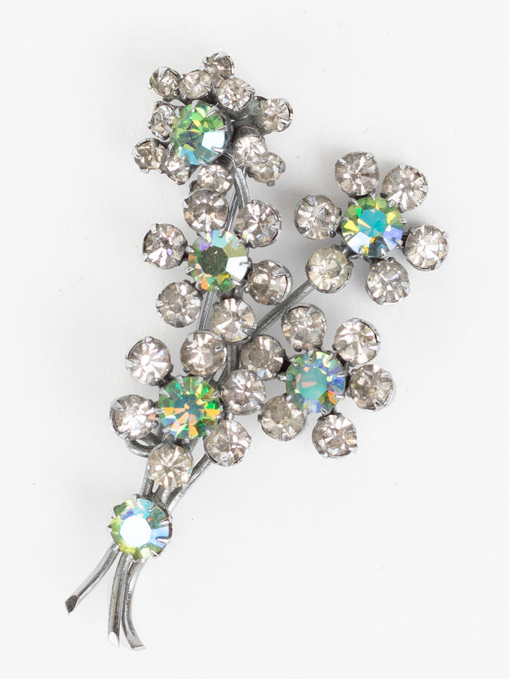 Vintage 50s Silver-Tone Brooch with Rhinestones and Aurora Borealis Sparkle
