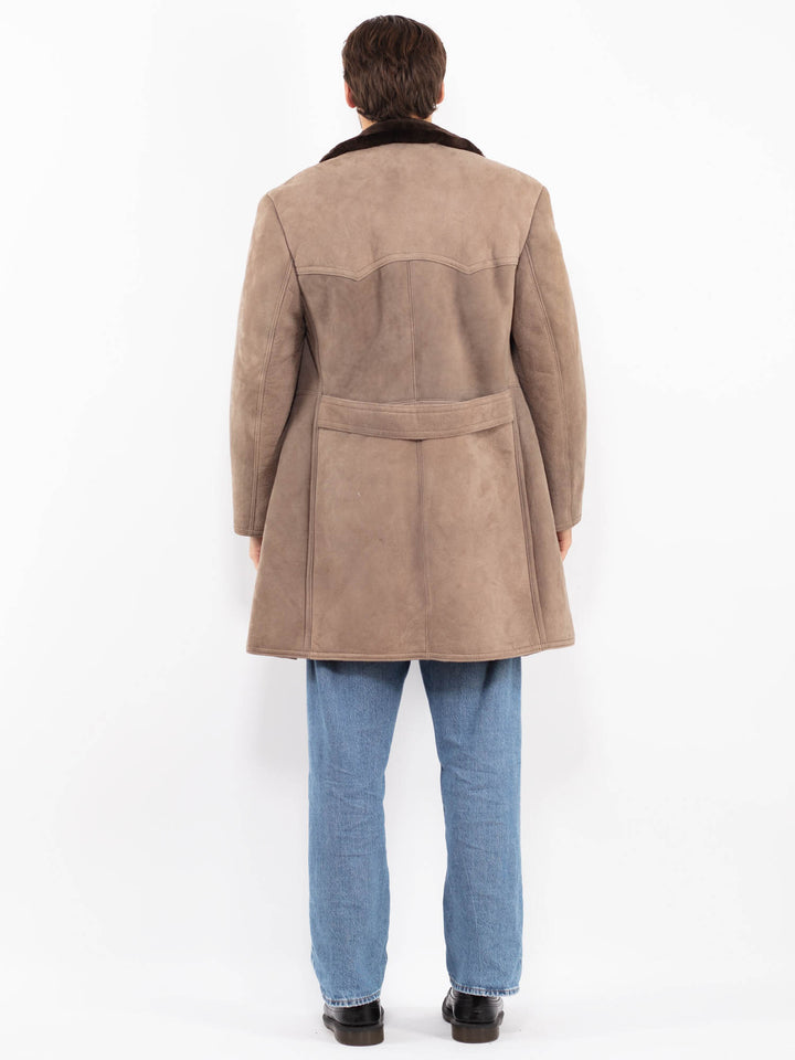 Vintage 70's Men Western Sheepskin Coat in Gray Beige
