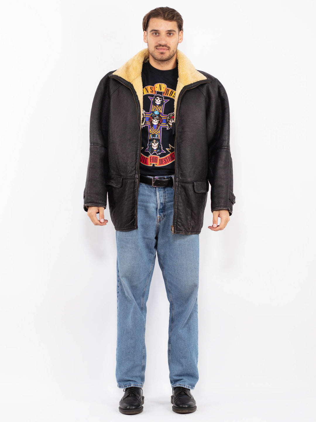 Vintage 70's Men Distressed Sheepskin Jacket in Black