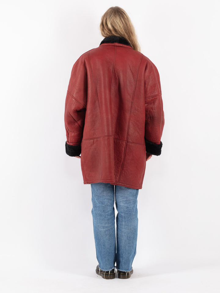 Vintage 80's Women Sheepskin Coat in Red