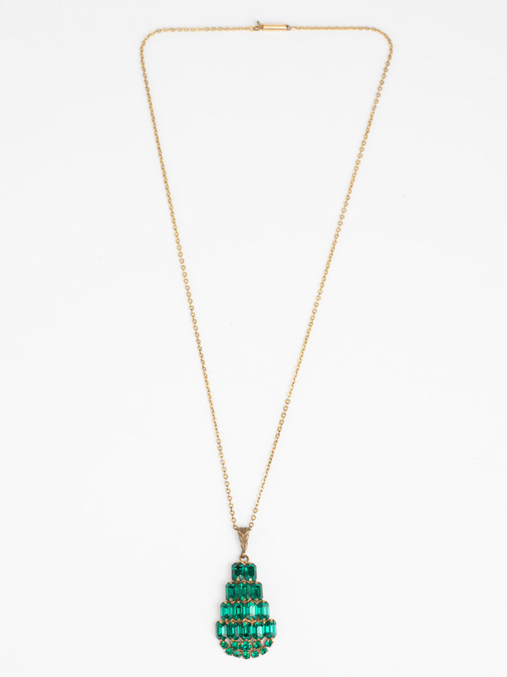Vintage 30s Emerald Green Pendant Necklace on RG Signed Gold-Tone Chain